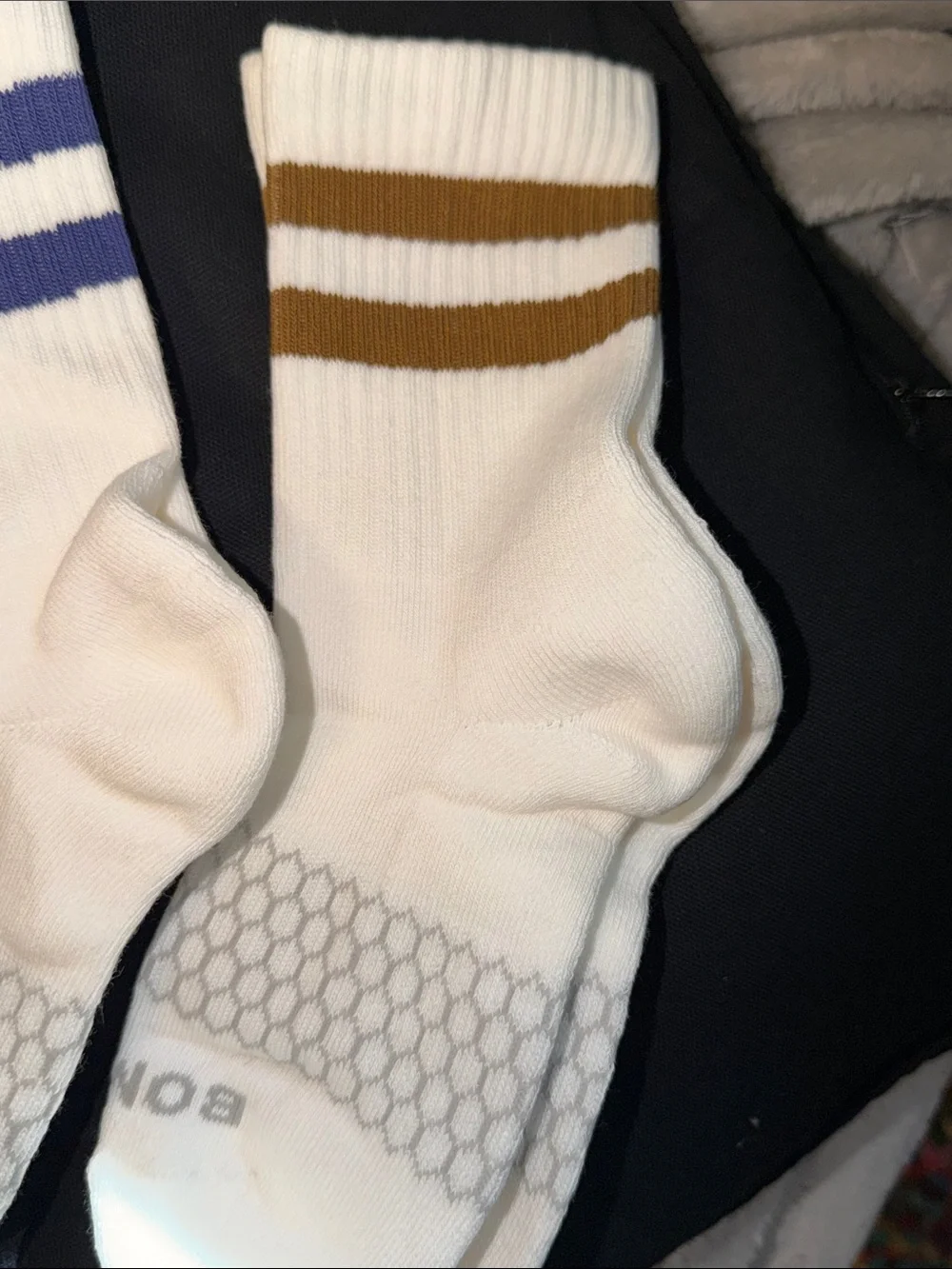 Bombas White Athletic Crew Socks with Gray, Blue & Brown Stripes